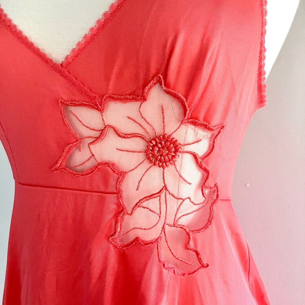 Vintage 70’s coral red orange lace flower slip gown dress & robe jacket set - Picture 5 of 16